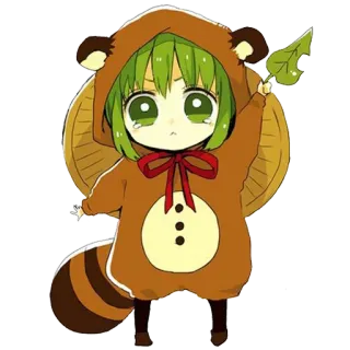 😓 Anime, Chibi, Niedlich, Waschbär, Tanuki, Grüne Haare telegram sticker