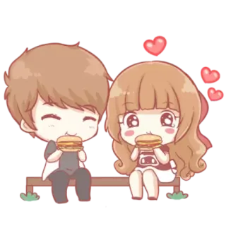 🍔 couple, eating, burger, cartoon, love, hearts telegram sticker