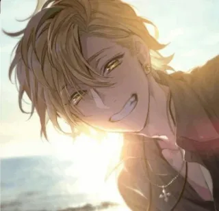 😂 anime, blond włosy, mężczyzna, plaża, uśmiech telegram sticker