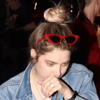 🦌 woman, portrait, fashion, red sunglasses, denim jacket, hair bun telegram sticker