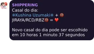 💜 Kushina Uzumaki SHIPPERING
Casal do dia:
*Kushina Uzumaki +
JIRAYA/RCD/RBZ
=
Novo casal do dia pode ser escolhido
em 10 horas 1 minuto 37 segundos 애니메이션, 커플링, 로맨스, 나루토, 관계, 커플 whatsapp sticker