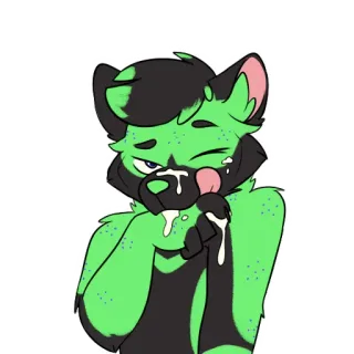 🍾 furry, green, anthropomorphic, cat, feline, licking, paw, cute telegram sticker