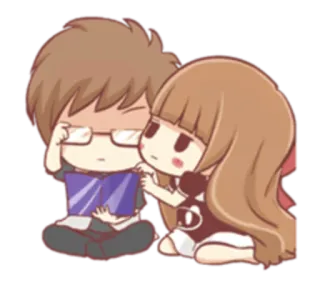 🤓 Chibi, Paar, Lesen, Romantik, Süß, Cartoon telegram sticker