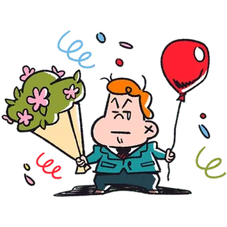 🥳 desenho animado, homem, flores, balão, raiva, buquê telegram sticker