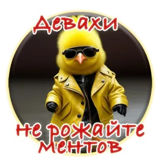 🐓 Девaxa
Не рожайте ментов цыпленок, мультфильм, солнцезащитные очки, куртка, полиция, сленг telegram sticker
