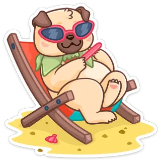 😎 개, 퍼그, 해변, 태양, 여름, 휴가, 휴식, 선글라스 telegram sticker