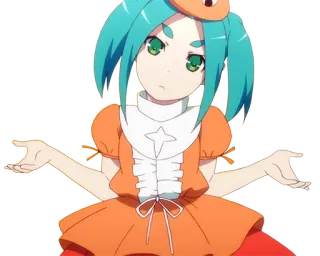 🤷‍♀️ Ononoki Yotsugi Monogatari Anime, Monogatari, Ononoki Yotsugi, Personaggio, Arancione, Ragazza, Posa telegram sticker