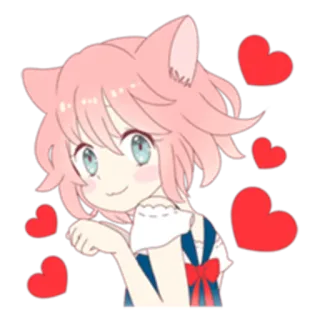 ❤ Anime, Nekomimi, Kawaii, Corações, Cabelo Rosa, Olhos Azuis, Fofo telegram sticker