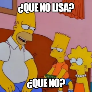 😏 Homer Simpson, Bart Simpson, Lisa Simpson The Simpsons ¿QUE NO LISA?
¿QUE NO? I Simpson, Homer Simpson, Bart Simpson, Lisa Simpson, Cartoni animati, Meme telegram sticker