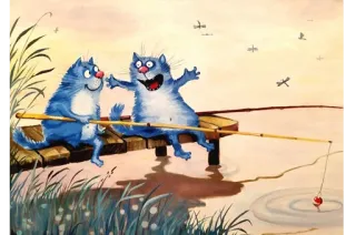 👋 cat, fishing, cartoon, lake, funny, animal, blue telegram sticker