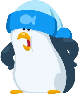 😠 pinguino, inverno, cappello, pesce, assonnato, cartone animato, carino whatsapp sticker
