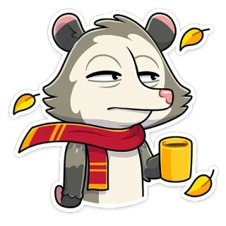 ☕️ zarigüeya, dibujo animado, animal, cansado, bufanda, café, hojas telegram sticker