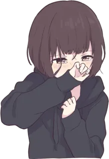 😢 animé, fille, pleure, triste, émotionnel, brune, sweat à capuche whatsapp sticker