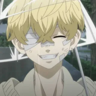 😁 Izana Kurokawa Tokyo Revengers Anime, Postać, Uśmiechnięty, Bandaż, Kolczyk, Blond, Izana, Tokyo Revengers telegram sticker