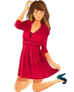 😊 woman, red dress, cartoon, pose, brunette, girl telegram sticker