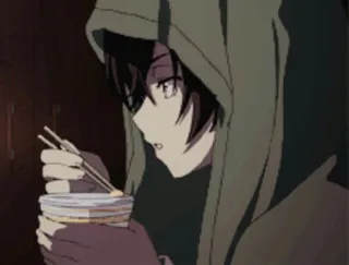 🥀 anime, hoodie, eating, chopsticks, food, indoors telegram sticker