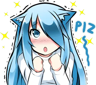 😊 PIZ Anime, Kawaii, Słodkie, Manga, Kocie uszy, Błyszczące, Niebieskie włosy, Błagalny telegram sticker