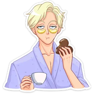 ☕️ hoạt hình, tóc vàng, áo choàng, cà phê, sô cô la, miếng che mắt, nam whatsapp sticker