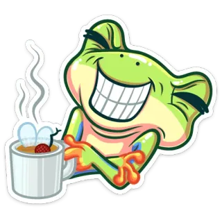 😁 rana, caffè, cartone animato, bevanda, meme, sorridente telegram sticker