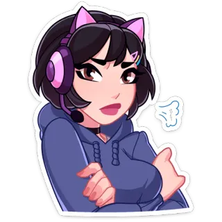😒 Kartun, Anime, Gadis, Gamer, Telinga kucing, Headset, Hoodie telegram sticker