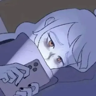 😔 cartoon, phone, girl, digital art, night, bed telegram sticker