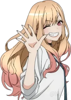 👋 Marin Kitagawa My Dress-Up Darling anime, girl, waving, blonde hair, kawaii, cartoon telegram sticker