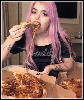 🍃 pizza, eating, food, pink hair, girl telegram sticker