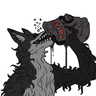 ☕️ COFFEE coffee, wolf, drinking, cartoon, black, white, beverage telegram sticker