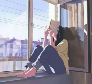 🖤 Anime, Lettura, Ragazza, Finestra, Libro, Illustrazione telegram sticker