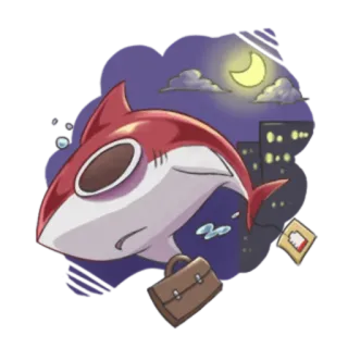 😀 requin, fatigué, endormi, dessin animé, nuit, ville, lune telegram sticker