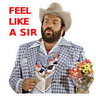 🎩 Bud Spencer FEEL LIKE A SIR homem, chapéu de cowboy, flores, fato, ator telegram sticker