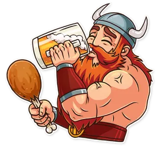 🥴 Viking, Bier, Kippenpoot, Cartoon, Drinken, Spier, Helm telegram sticker
