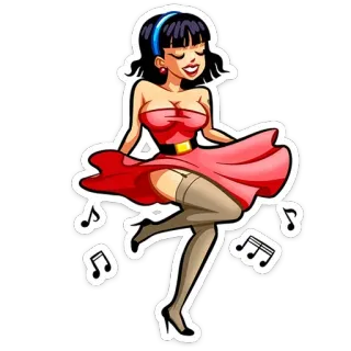 💃 woman, cartoon, pinup, dancing, red dress, music notes, retro whatsapp sticker