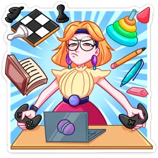 😎 wanita, gaming, laptop, sibuk, kantor, controller, gamepad, frustrasi telegram sticker