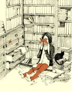 📚 reading, books, library, cat, illustration, indoor telegram sticker