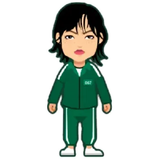 😈 Squid Game 067 Squid Game, Player 067, cartoon, character, green tracksuit, tv show telegram sticker