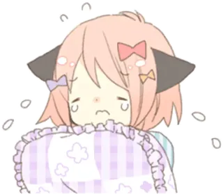 😢 Anime, Garota, Fofa, Triste, Chorando, Almofada, Orelhas de gato telegram sticker