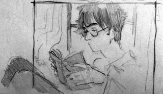 🍀 reading, glasses, sketch, person, indoors telegram sticker