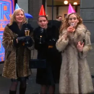 🥳 donne, cappotti, cappellini da festa, città, champagne, festa telegram sticker