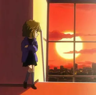 🙂 Anime, Dziewczyna, Zachód słońca, Okno, Pejzaż miejski, Zamyślony telegram sticker