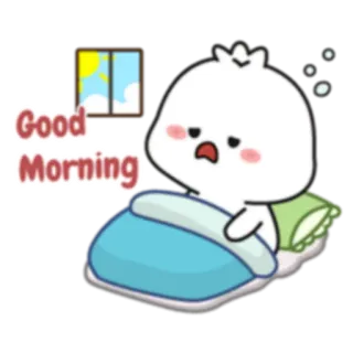 ☀️ Good Morning buenos días, lindo, dormilón, cama, dibujos animados, saludo whatsapp sticker