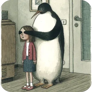 🫥 ペンギン, 女の子, 目を隠す, サプライズ, 室内, イラスト, 漫画 whatsapp sticker