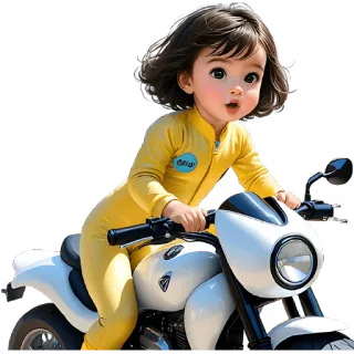 🏃‍♀ criança, moto, fato amarelo, moto, desenho animado, dirigindo telegram sticker