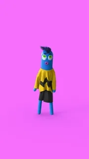💃 cartone animato, personaggio blu, maglietta gialla, stravagante, animazione, stilizzato, rendering 3D telegram sticker