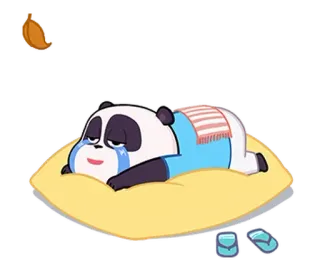 🐼 triste, llorando, panda, dibujos animados, almohada, zapatillas, agotado whatsapp sticker