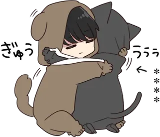 ❤️ ぎゅう ううう Abbraccio, Anime, Cane, Gatto, Carino, Cartone animato telegram sticker