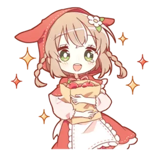 🤩 Anime, Fofo, Menina, Chapeuzinho Vermelho, Maçãs, Desenho animado, Chibi telegram sticker