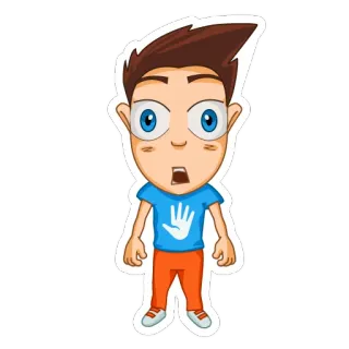 😮 desenho animado, menino, personagem, adesivo, azul, laranja, mão branca telegram sticker