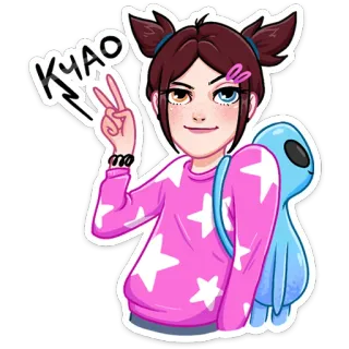 ✌️ KYAOO anime girl, peace sign, alien, pink sweater, kawaii, cartoon, sticker, cute telegram sticker