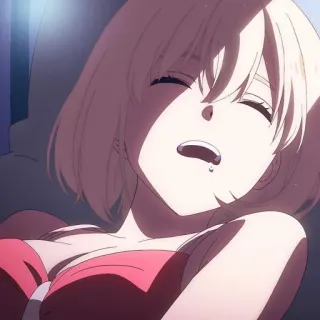 😴 anime, ragazza, capelli biondi, sdraiata, bava, vestito rosso telegram sticker